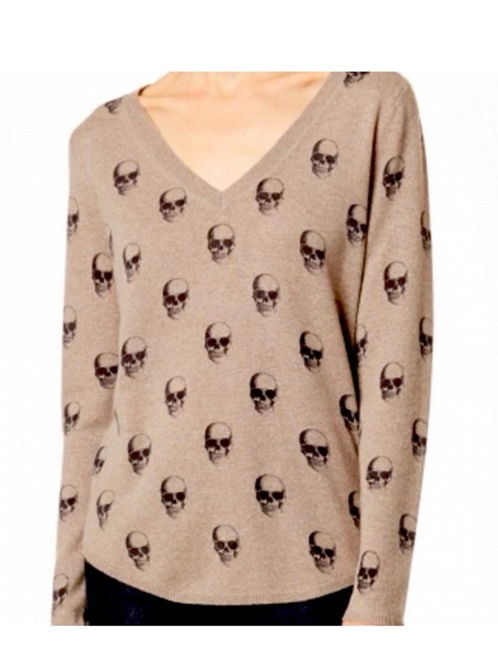 Skull Cashmere V-Neck 100% Cashmere Skull Print Sweater brown tan black size S
